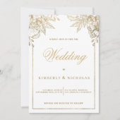 Invitation Mariage fleurie blanche et or de luxe (Devant)