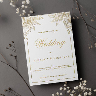 Invitation Mariage fleurie blanche et or de luxe