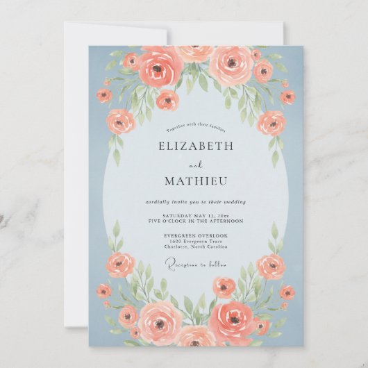 Invitation Mariage Fleurie Bleu Acier Corail (Devant)
