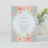 Invitation Mariage Fleurie Bleu Acier Corail (Debout devant)