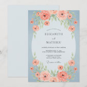 Invitation Mariage Fleurie Bleu Acier Corail (Devant / Derrière)