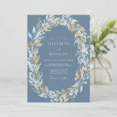 Invitation Mariage Fleurie Bleu Acier Doré (Debout devant)
