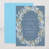 Invitation Mariage Fleurie Bleu Acier Doré (Devant / Derrière)