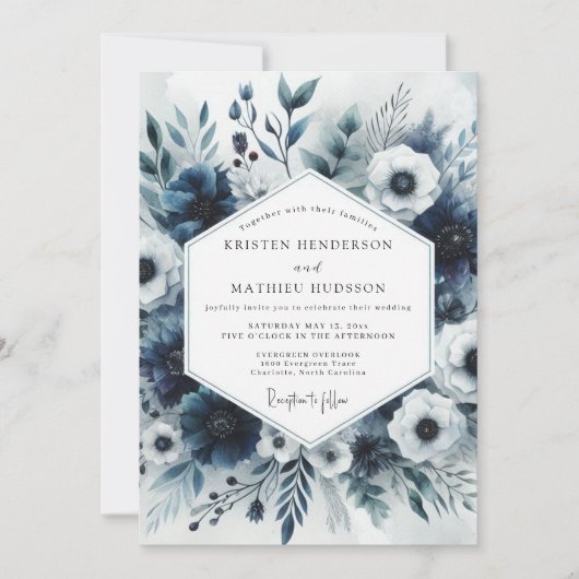 Invitation Mariage Fleurie Bleu Ardoise (Devant)