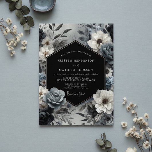 Invitation Mariage Fleurie Bleu Ardoise