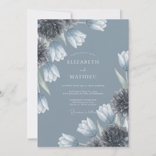 Invitation Mariage Fleurie Bleu Ardoise (Devant)