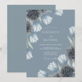 Invitation Mariage Fleurie Bleu Ardoise (Devant / Derrière)