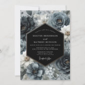 Invitation Mariage Fleurie Bleu Ardoise Foncé (Devant)