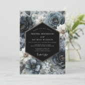 Invitation Mariage Fleurie Bleu Ardoise Foncé (Debout devant)