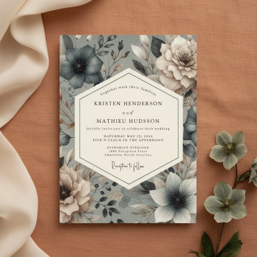 Invitation Mariage Fleurie Bleu Ardoise Maussade