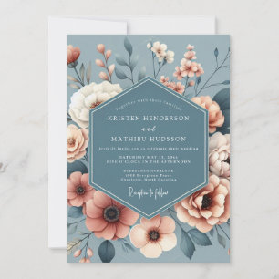 Invitation Mariage Fleurie Bleu Ardoise Peint