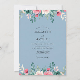 Invitation Mariage Fleurie Bleu Ardoise Verdoyant