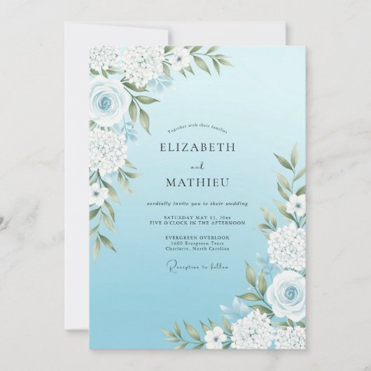 Invitation Mariage Fleurie Bleu Céleste (Devant)
