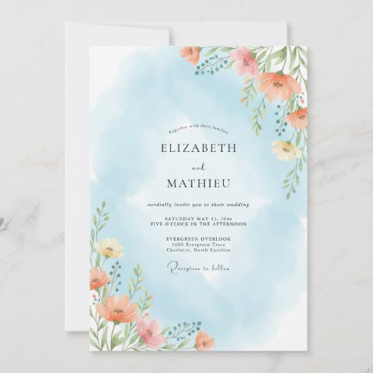 Invitation Mariage Fleurie Bleu Céleste (Devant)