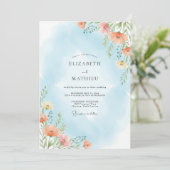 Invitation Mariage Fleurie Bleu Céleste (Debout devant)