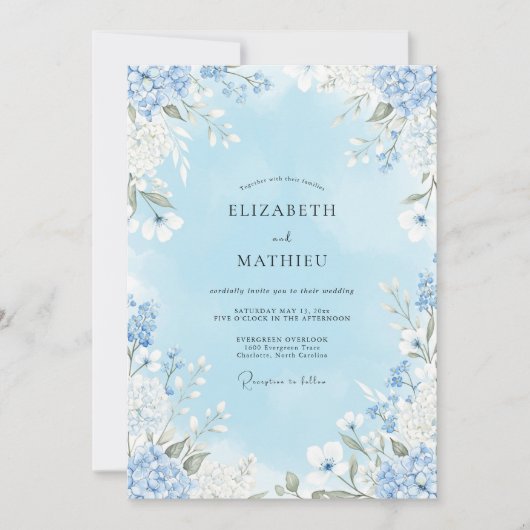 Invitation Mariage Fleurie Bleu Ciel (Devant)