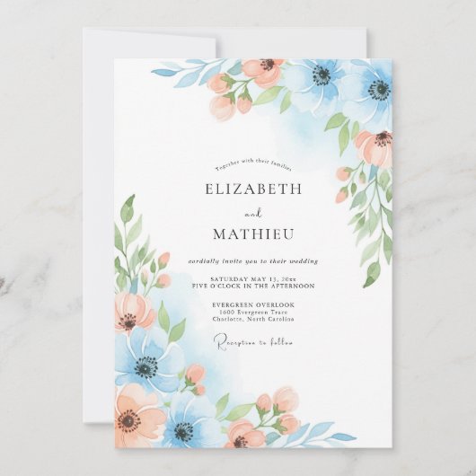 Invitation Mariage Fleurie Bleu Ciel (Devant)