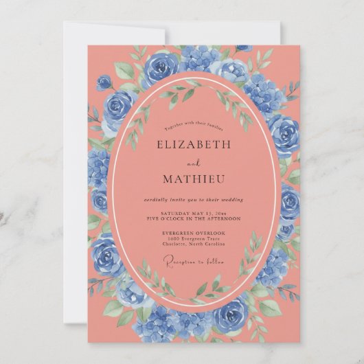 Invitation Mariage Fleurie Bleu Corail (Devant)