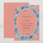 Invitation Mariage Fleurie Bleu Corail (Devant / Derrière)