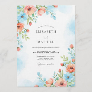Invitation Mariage Fleurie Bleu Corail à l'Aquarelle