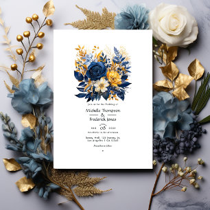 Invitation Mariage Fleurie Bleu Foncé et Or
