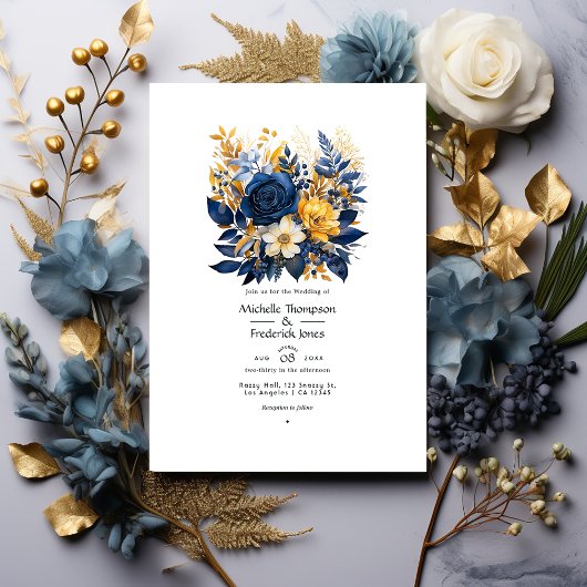 Invitation Mariage Fleurie Bleu Foncé et Or