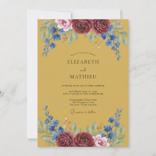 Invitation Mariage Fleurie Bleu Grenat