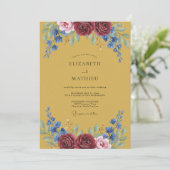 Invitation Mariage Fleurie Bleu Grenat (Debout devant)