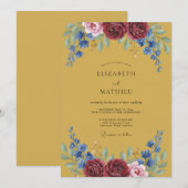 Invitation Mariage Fleurie Bleu Grenat (Devant / Derrière)