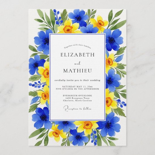 Invitation Mariage Fleurie Bleu Jaune (Devant)