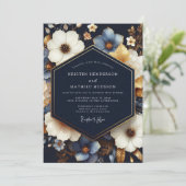 Invitation Mariage Fleurie Bleu Marine (Debout devant)
