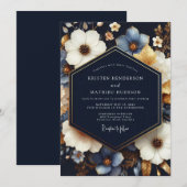 Invitation Mariage Fleurie Bleu Marine (Devant / Derrière)