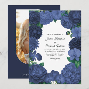 Invitation Mariage Fleurie Bleu Marine avec Photo et Code QR