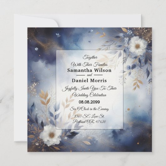 Invitation Mariage Fleurie Bleu Nuit et Or (Devant)