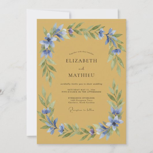 Invitation Mariage Fleurie Bleu Ocre (Devant)