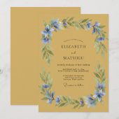 Invitation Mariage Fleurie Bleu Ocre (Devant / Derrière)