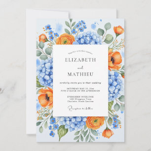 Invitation Mariage Fleurie Bleu Orange Verdoyant