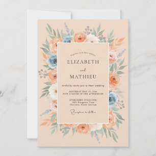 Invitation Mariage Fleurie Bleu Pêche Floraison