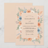 Invitation Mariage Fleurie Bleu Pêche Floraison (Devant / Derrière)