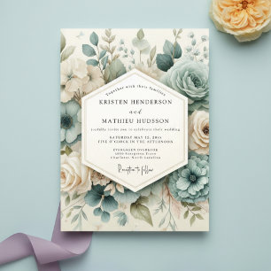 Invitation Mariage Fleurie Bleu Poussiéreux