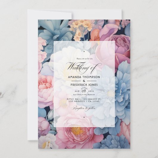 Invitation Mariage Fleurie Bleu Poussiéreux et Rose (Devant)