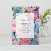 Invitation Mariage Fleurie Bleu Poussiéreux et Rose (Debout devant)