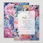 Invitation Mariage Fleurie Bleu Poussiéreux et Rose (Devant / Derrière)