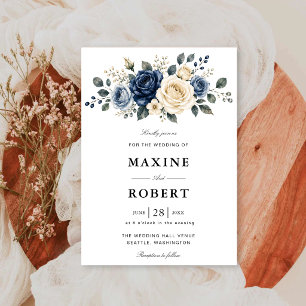 Invitation Mariage Fleurie Bleu Poussiéreux, Nuit et Rose Ivo
