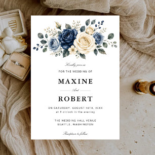 Invitation Mariage Fleurie Bleu Poussiéreux, Nuit et Rose Ivo