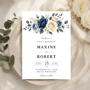 Invitation Mariage Fleurie Bleu Poussiéreux, Nuit et Rose Ivo
