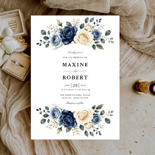 Invitation Mariage Fleurie Bleu Poussiéreux, Nuit et Rose Ivo