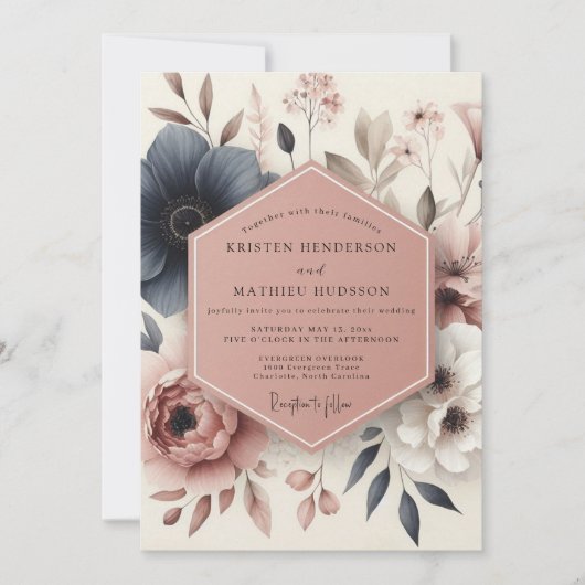 Invitation Mariage Fleurie Botanique Bleue (Devant)