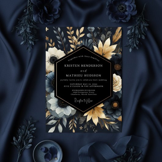 Invitation Mariage Fleurie Botanique Navy