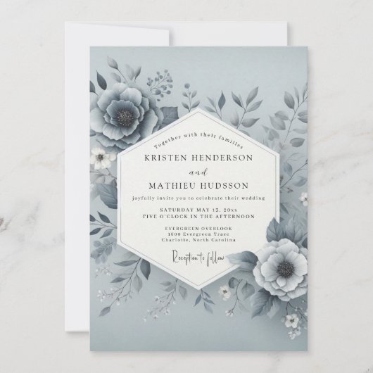 Invitation Mariage Fleurie Brouillard Bleu Ardoise (Devant)